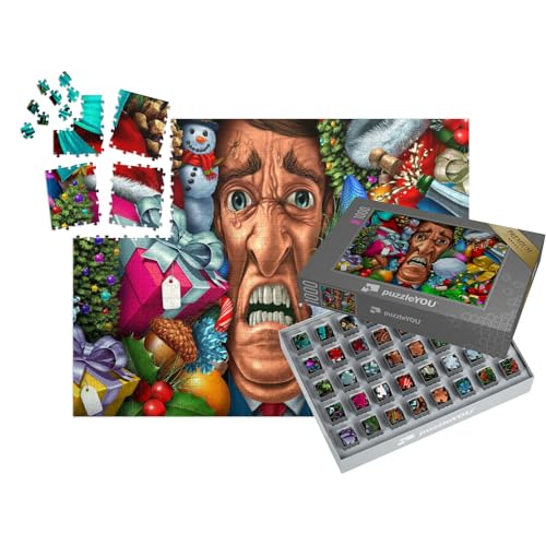 puzzleYOU: SMART Sorted® | Puzzle 1000 Teile leicht gemacht „Feiertagsstress und Weihnachtseinkäufe, Überforderung, 3D-Illustration“ – aus der Puzzle-Kollektion Weihnachten von puzzleYOU