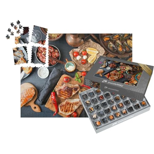 puzzleYOU: SMART Sorted® | Puzzle 1000 Teile leicht gemacht „Fleisch und Meeresfrüchte vom Grill mit Gemüse“ – aus der Puzzle-Kollektion Essen und Trinken von puzzleYOU