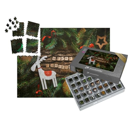 puzzleYOU: SMART Sorted® | Puzzle 1000 Teile leicht gemacht „Fröhliche Weihnachten, Grußkarte mit rustikalem Holz und Ornamenten“ – aus der Puzzle-Kollektion Weihnachten von puzzleYOU
