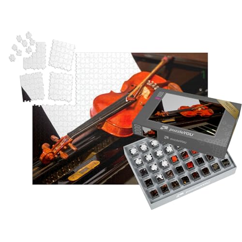 puzzleYOU: SMART Sorted® | Puzzle 1000 Teile leicht gemacht „Geige und Fiedelstock auf einem Klavier“ – aus der Puzzle-Kollektion Musik, Menschen von puzzleYOU