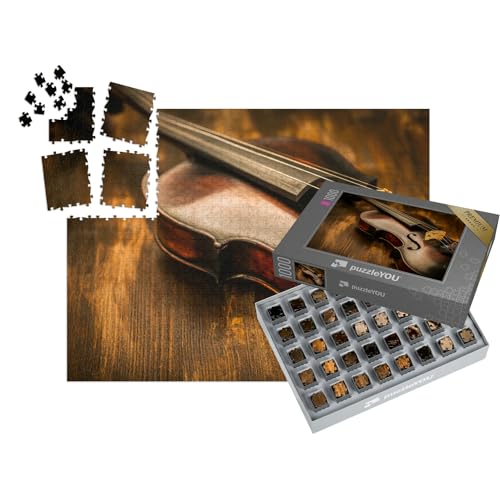 puzzleYOU: SMART Sorted® | Puzzle 1000 Teile leicht gemacht „Geige: Vintage-Stil auf Holz-Hintergrund“ – aus der Puzzle-Kollektion Musik, Menschen von puzzleYOU