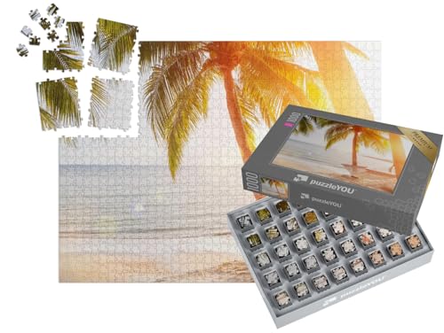 puzzleYOU: SMART Sorted® | Puzzle 1000 Teile leicht gemacht „Hängematte an Einer Palme bei Sonnenuntergang“ – aus der Puzzle-Kollektion Menschen, Entspannung von puzzleYOU