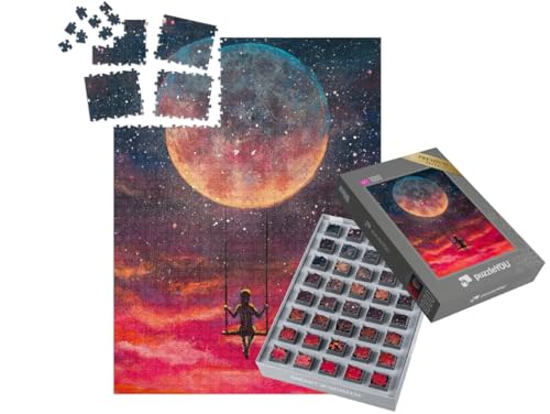 puzzleYOU: SMART Sorted® | Puzzle 1000 Teile leicht gemacht „Handgemalte Acrylmalerei: Mädchen oder Junge auf Schaukel, Mond“ – aus der Puzzle-Kollektion Fantasy von puzzleYOU