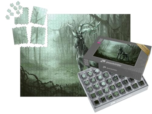puzzleYOU: SMART Sorted® | Puzzle 1000 Teile leicht gemacht „Illustration: Kelpie-Einhorn im Sumpf“ – aus der Puzzle-Kollektion Fabel von puzzleYOU