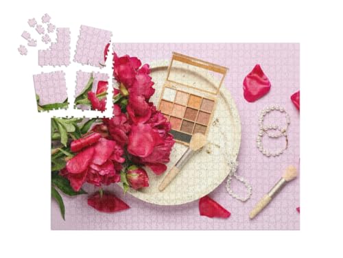 puzzleYOU: SMART Sorted® | Puzzle 1000 Teile leicht gemacht „Lidschattenpalette mit Pinsel und roten Blumen“ von puzzleYOU