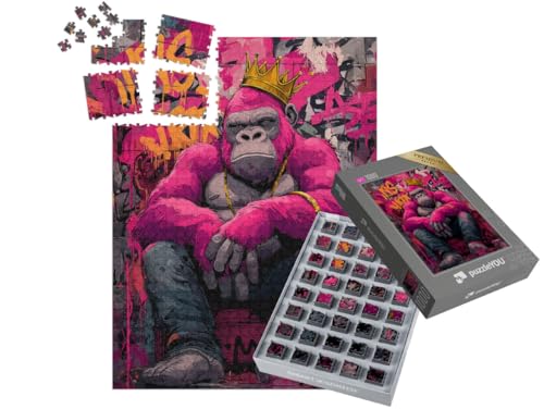 puzzleYOU: SMART Sorted® | Puzzle 1000 Teile leicht gemacht „Rosa Gorilla auf dem Thron“ – aus der Puzzle-Kollektion Kunst & Fantasy von puzzleYOU