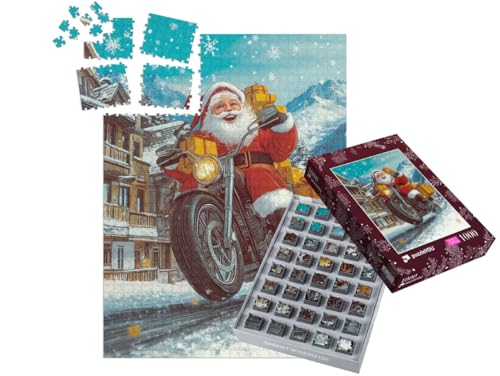 puzzleYOU: SMART Sorted® | Puzzle 1000 Teile leicht gemacht „Santa verteilt Geschenke auf seinem Motorrad“ – aus der Puzzle-Kollektion Weihnachten von puzzleYOU