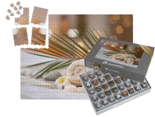 puzzleYOU: SMART Sorted® | Puzzle 1000 Teile leicht gemacht „Schöne Spa-Komposition auf Massagetisch im Wellness-Center“ – aus der Puzzle-Kollektion Menschen, Entspannung von puzzleYOU