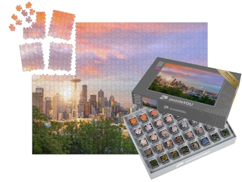 puzzleYOU: SMART Sorted® | Puzzle 1000 Teile leicht gemacht „Skyline von Seattle im Sonnenuntergang, Washington, USA“ – aus der Puzzle-Kollektion Seattle, Skylines von puzzleYOU