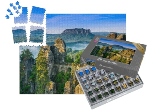puzzleYOU: SMART Sorted® | Puzzle 1000 Teile leicht gemacht „Sonnenaufgang an der Bastei in der Sächsischen Schweiz, Deutschland“ – aus der Puzzle-Kollektion Natur, Brücken, Deutschland von puzzleYOU