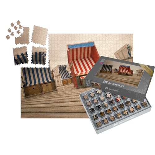 puzzleYOU: SMART Sorted® | Puzzle 1000 Teile leicht gemacht „Strandkörbe auf einem Podest aus Holz, am Strand von Sankt Peter Ording, Nordsee“ – aus der Puzzle-Kollektion Strandkörbe von puzzleYOU