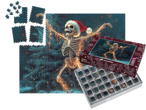 puzzleYOU: SMART Sorted® | Puzzle 1000 Teile leicht gemacht „Tanzendes Weihnachtsmann-Skelett mit Santa Mütze im winterlichen Wald“ – aus der Puzzle-Kollektion Weihnachten von puzzleYOU