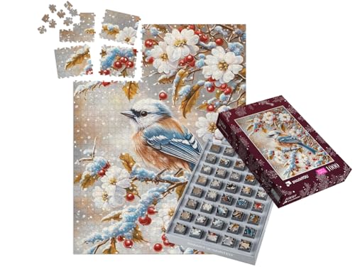 puzzleYOU: SMART Sorted® | Puzzle 1000 Teile leicht gemacht „Vögelchen auf verschneitem Strauch“ – aus der Puzzle-Kollektion Weihnachten von puzzleYOU