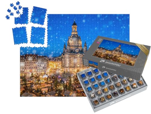 puzzleYOU: SMART Sorted® | Puzzle 1000 Teile leicht gemacht „Weihnachtsmarkt vor der Dresdner Frauenkirche auf dem Neumarkt, Sachsen“ – aus der Puzzle-Kollektion Dresden, Sachsen, Weihnachten von puzzleYOU
