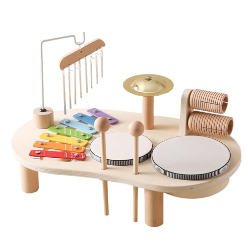 puzzlegame Schlagzeug-Set für Kinder, Schlagzeug-Kinderspielzeug | Montessori pädagogisches Spielzeug-Schlagzeug mit Xylophon,Musikalisches Tischspielset aus Holz mit Windspiel für Kinder ab 2 Jahren von puzzlegame