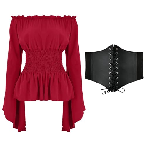 pxjsdwe kleid schulterfrei, Piratenkostüm Damen Kleid Mittelalter Kleidung Gothic Steampunk Langarm Off Shoulder Corsett Top + Gürtel Viktorianisches Renaissance Party Karneval Kostüm pxjsdwe kleid schulterfrei, Piratenkostüm Damen Kleid Mittelalter Kleidung Gothic Steampunk Langarm Off Shoulder Corsett Top + Gürtel Viktorianisches Renaissance Party Karneval Kostüm von pxjsdwe