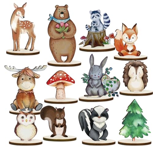 Holz Waldtiere Deko Ornamente,12 Stück Holz Tischdekorationen mit Holzsockel,Niedliche Waldtiere Ornamente,Tortendeko Dschungel,Tischaufsätze für Waldlager für Kindergeburtstag Deko von qimeyu