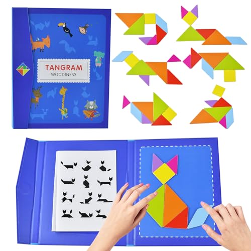 Tangram Magnetisch,Tangram Kinder,Tangram Puzzle,Tangram Magnetpuzzle Geometrische Formen Puzzle Bausteine Buchform für 3 4 5 6 7 8 Jahren Kindertangram Kinder mitgebsel（Blau） von qimeyu