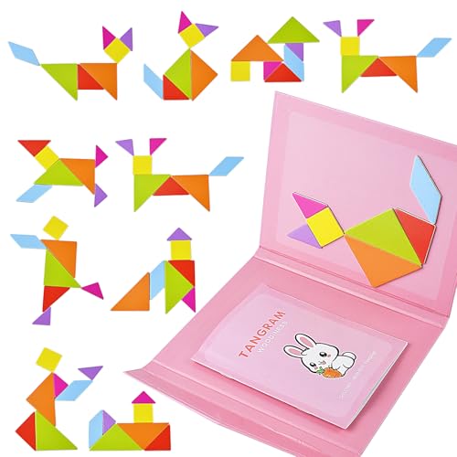 Tangram Magnetisch,Tangram Kinder,Tangram Puzzle,Tangram Magnetpuzzle Geometrische Formen Puzzle Bausteine Buchform für 3 4 5 6 7 8 Jahren Kindertangram Kinder mitgebsel（Rosa） von qimeyu