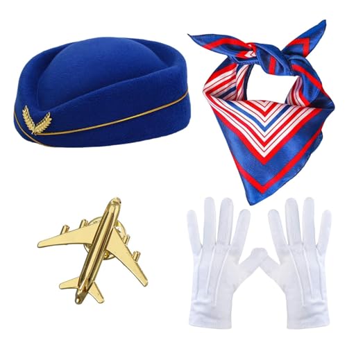 qixeuoa Stewardess Kostüm Zubehör - 4PCS Stewardess Cosplay Set Mit Flugbegleitermütze Schal Handschuhe Broschen Für Frauen Mädchen Halloween Kostüme Cosplay Karneval Kostüm von qixeuoa