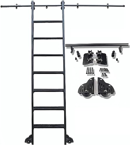 Schwarze Rundrohr-Schiebescheune, Bibliothek, Rollleiter, Hardware-Set, Schienen-Set (ohne Leiter), 3,3 Fuß bis 20 Fuß Mobile Leiterschiene aus Stahl-Rundrohr mit Bodenrollenrad (G von qloijnv
