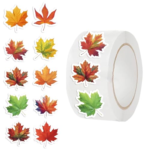 qokeeu Ahornblatt Aufkleber, 500 Stück 10 Farben, Holografische, Selbstklebende Etiketten-Aufkleber, Herbst-Thanksgiving-Blatt-Aufkleber Für Schule, Erntedankfest, Bastelprojekte von qokeeu