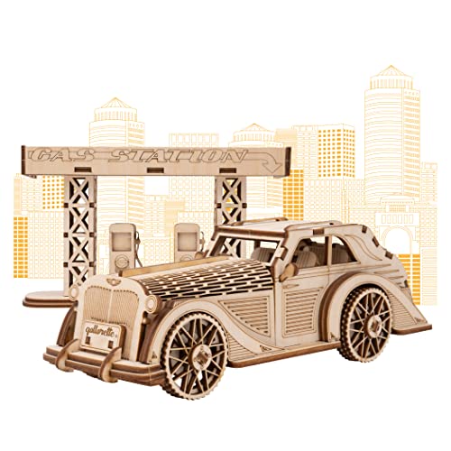 qollorette 3D Holzpuzzle Bastelset, Knobelspiele Für Erwachsene, Teenager, Holzauto Geduldspiele Baukasten, Retro Auto und Tankstelle - Puzzle Zimmer Deko von qollorette