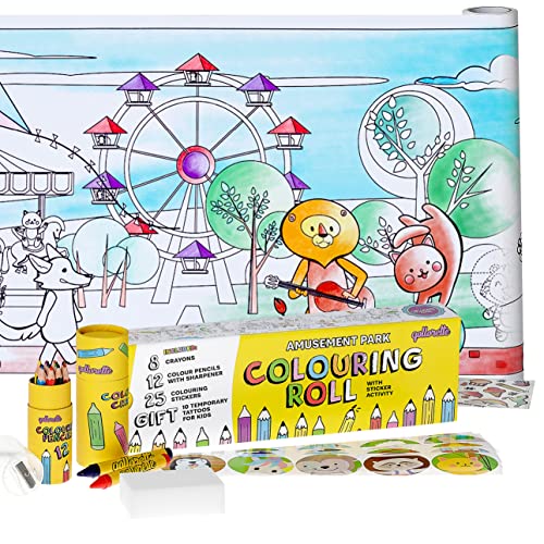 qollorette Malset für Kinder mit Malrolle, Buntstiften, Wachsmalstifte und Aufkleber Freizeitpark– das Perfekte Malbuch für Kind Geschenk, 480 x 29cm (16 feet) von qollorette