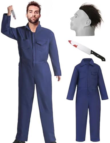 qqpouc Halloween-Overall, Marineblau, Horror-Killer, Cosplay-Kostüm für Herren, inklusive Maske und Spielzeugmesser qqpouc Halloween-Overall, Marineblau, Horror-Killer, Cosplay-Kostüm für Herren, inklusive Maske und Spielzeugmesser von qqpouc