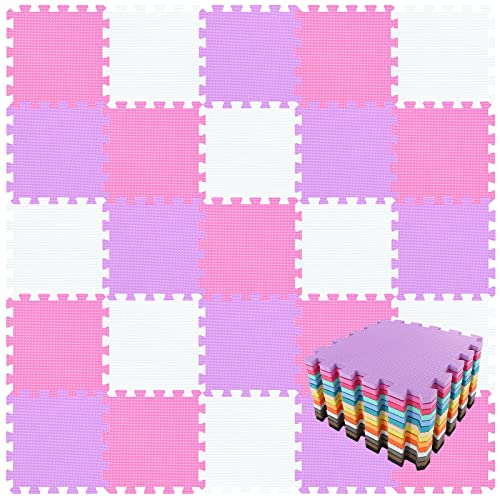 qqpp® 18 Puzzle Eva Schaumstoff Puzzlematte Puzzleteppich Kinder - Krabbelmatte Spielmatte Baby Schadstofffrei Sport rutschfest Bodenschutzmatte Fitness Matte. Weiß, Pink, Violett. QQC-ACKb18N von qqpp