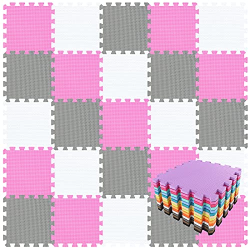 qqpp® 18 Puzzle Eva Schaumstoff Puzzlematte Puzzleteppich Kinder - Krabbelmatte Spielmatte Baby Schadstofffrei Sport rutschfest Bodenschutzmatte Fitness Matte. Weiß, Pink, Grau. QQC-ACLb18N von qqpp