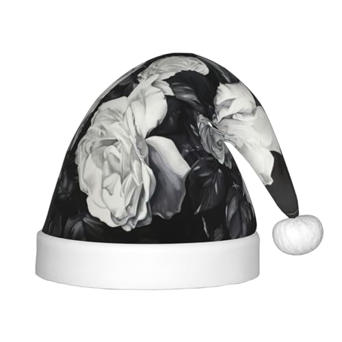 rannsut Schwarz-weiße Weihnachtsmütze mit Rosen-Druck, bequeme Weihnachtsmütze für Weihnachten, Kostümparty und Feiertagsveranstaltung von rannsut