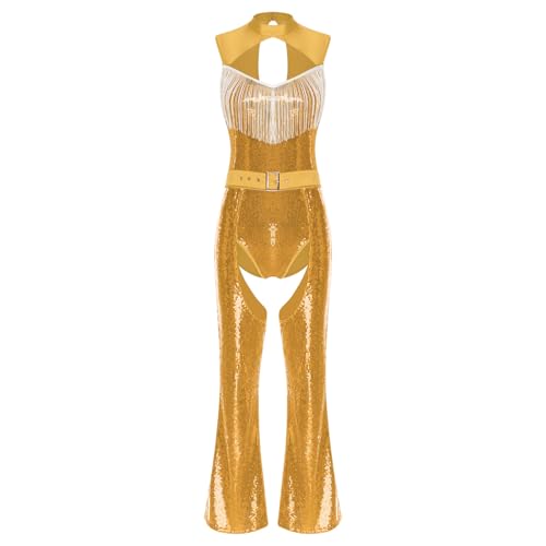 ranrann 70er Hippie Outfit Damen Shiny Disco Kostüm Bodysuit Ärmellos Body mit Quasten Boot Cut Hose Chaps Mottoparty Karneval Kostüm Gold M ranrann 70er Hippie Outfit Damen Shiny Disco Kostüm Bodysuit Ärmellos Body mit Quasten Boot Cut Hose Chaps Mottoparty Karneval Kostüm Gold M von ranrann