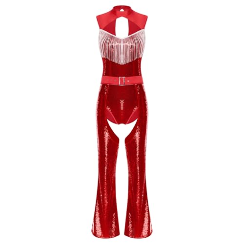 ranrann 70er Hippie Outfit Damen Shiny Disco Kostüm Bodysuit Ärmellos Body mit Quasten Boot Cut Hose Chaps Mottoparty Karneval Kostüm Rot L ranrann 70er Hippie Outfit Damen Shiny Disco Kostüm Bodysuit Ärmellos Body mit Quasten Boot Cut Hose Chaps Mottoparty Karneval Kostüm Rot L von ranrann