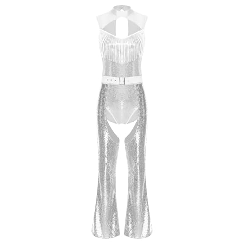 ranrann 70er Hippie Outfit Damen Shiny Disco Kostüm Bodysuit Ärmellos Body mit Quasten Boot Cut Hose Chaps Mottoparty Karneval Kostüm Silber XXL ranrann 70er Hippie Outfit Damen Shiny Disco Kostüm Bodysuit Ärmellos Body mit Quasten Boot Cut Hose Chaps Mottoparty Karneval Kostüm Silber XXL von ranrann