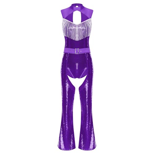 ranrann 70er Hippie Outfit Damen Shiny Disco Kostüm Bodysuit Ärmellos Body mit Quasten Boot Cut Hose Chaps Mottoparty Karneval Kostüm Violett S ranrann 70er Hippie Outfit Damen Shiny Disco Kostüm Bodysuit Ärmellos Body mit Quasten Boot Cut Hose Chaps Mottoparty Karneval Kostüm Violett S von ranrann