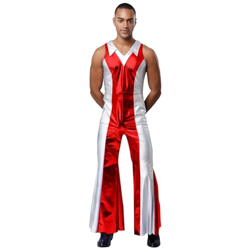 ranrann 70er Jahre Disco Outfit Herren Glänzend Jumpsuit Lang Ärmellos Overall Body mit Flared Bottom Mottoparty Fasching Karneval Kostüm Rot L von ranrann