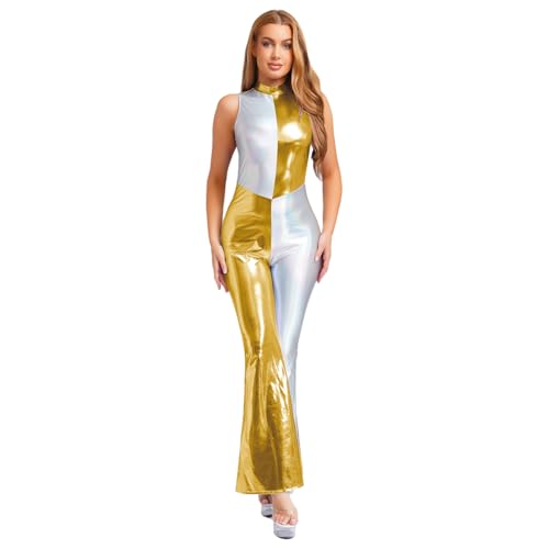ranrann 70er Jahre Outfit Damen Disco Jumpsuit Overall Tanz Kostüm Ärmellos mit Flared Bottom Fasching Karneval Kostüm Gold XL ranrann 70er Jahre Outfit Damen Disco Jumpsuit Overall Tanz Kostüm Ärmellos mit Flared Bottom Fasching Karneval Kostüm Gold XL von ranrann