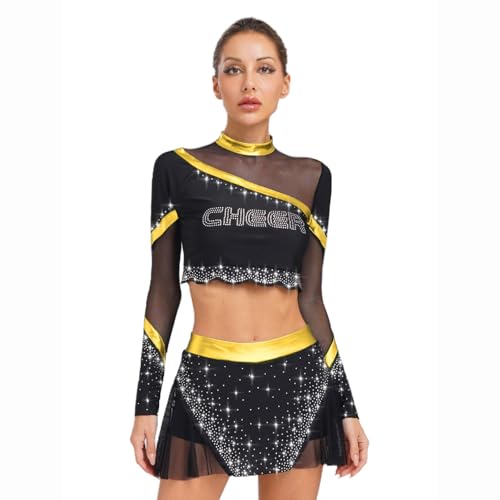 ranrann Cheerleaderin Kostüm Damen Zweiteiler High School Uniform Tanzkostüm Glitzer Langarm Tops Kurz Rock für Fasching Karneval Gold XXL von ranrann