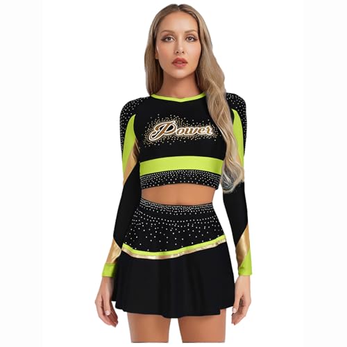 ranrann Damen Cheerleading Outfit Zweiteiler Cheerdance Kostüm Crop Tops Kurz Shirt Minirock mit Glitzer Fasching Karneval Kostüm Fluoreszierendes Gelb XXL ranrann Damen Cheerleading Outfit Zweiteiler Cheerdance Kostüm Crop Tops Kurz Shirt Minirock mit Glitzer Fasching Karneval Kostüm Fluoreszierendes Gelb XXL von ranrann
