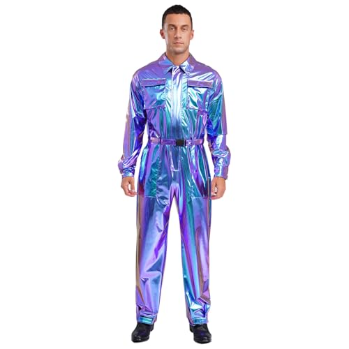 ranrann Disco Kostüm Herren Glänzend Overall Einteiler Body Jumpsuit mit Gürtel Reißverschluss Halloween Karneval Kostüm Blau XXL von ranrann