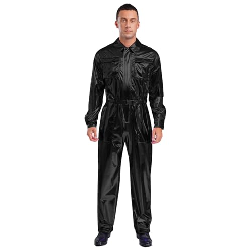 ranrann Disco Kostüm Herren Glänzend Overall Einteiler Body Jumpsuit mit Gürtel Reißverschluss Halloween Karneval Kostüm Schwarz XXL von ranrann
