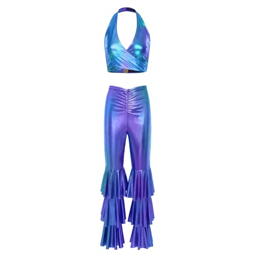 ranrann Disco Outfit Damen 70er 80er Vintage Hippe Kostüm Neckholder Top Crop Top mit Schlaghose Rüschen Hose Tanz Outfit Farbverlauf Blau XXL von ranrann