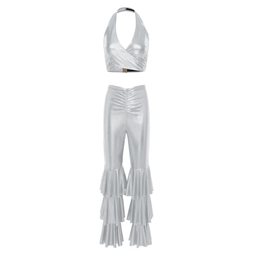 ranrann Disco Outfit Damen 70er 80er Vintage Hippe Kostüm Neckholder Top Crop Top mit Schlaghose Rüschen Hose Tanz Outfit Silber XXL von ranrann