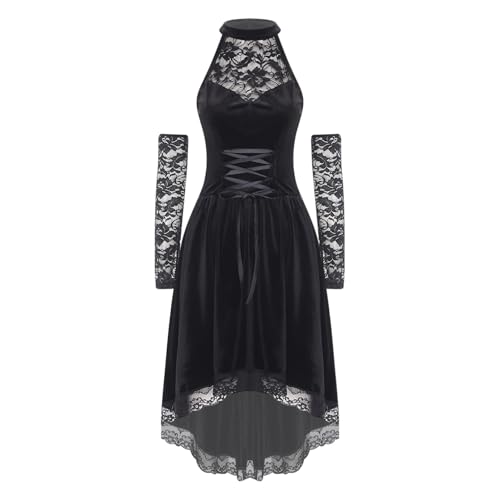 ranrann Gothic Kleidung Damen Halloween Hexe Vampir Kostüm Samt Vokuhila Kleid mit Handschuhe Mottoparty Mittelalter Renaissance Kostüm Schwarz XXL von ranrann