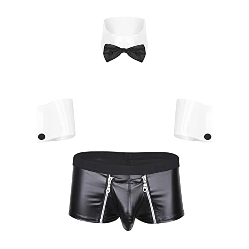 ranrann Herren Kellner Kostüm Sexy Dessous Set Diener Barkeeper Uniform Cosplay Kostüm String Tanga Boxershorts mit Fliege Manschetten Party Club Outfits Schwarz&Weiß_Boxershorts_B L von ranrann