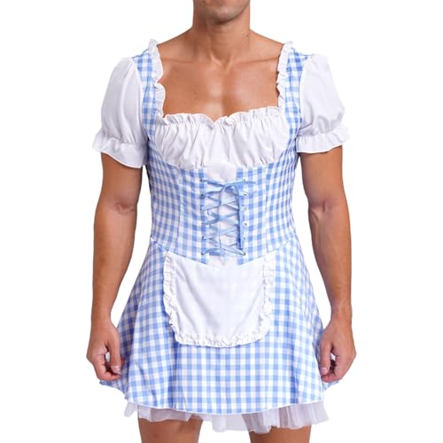ranrann Herren Sissy Kostüm French Maid Uniform Cosplay Outfit Dienstmäddchen Minikleid Kariert Kleider Crossdressing Lingerie Blau L von ranrann