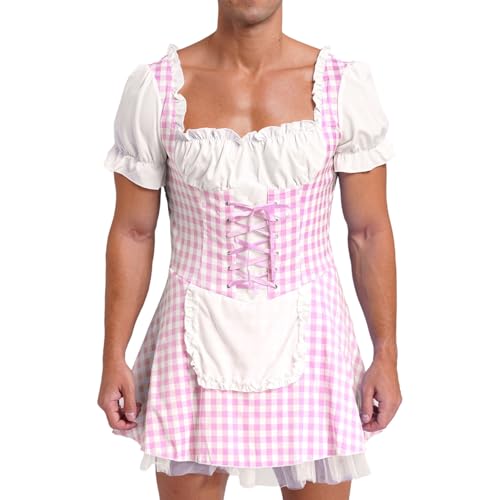 ranrann Herren Sissy Kostüm French Maid Uniform Cosplay Outfit Dienstmäddchen Minikleid Kariert Kleider Crossdressing Lingerie Rosa XXL von ranrann