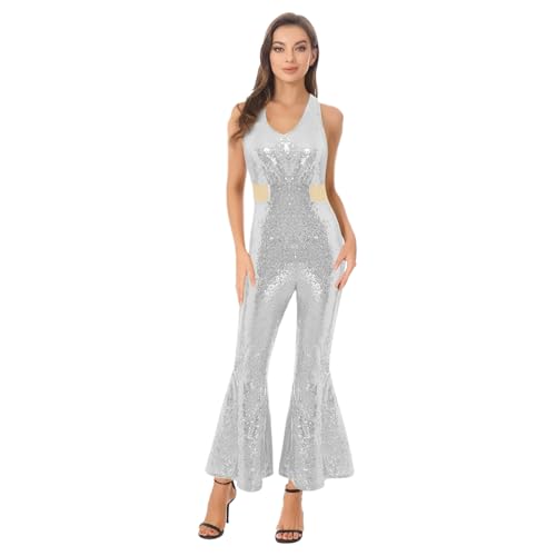 ranrann Hippie Kostüm Damen Glitzer Jumpsuit Overall Ärmellos Hosenanzug mit Flared Bottom Karneval Fasching Kostüm Silber S ranrann Hippie Kostüm Damen Glitzer Jumpsuit Overall Ärmellos Hosenanzug mit Flared Bottom Karneval Fasching Kostüm Silber S von ranrann