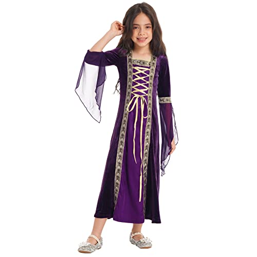 ranrann Mädchen Mittelalter Kleid Renaissance Viktorianischen Königin Kostüm Langarm mit Schnürung Kinder halloween Fasching Karneval Outfit A Violett 146-152 von ranrann